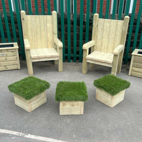 Outdoor Storytelling Throne Chairs and Grass Seating Stools